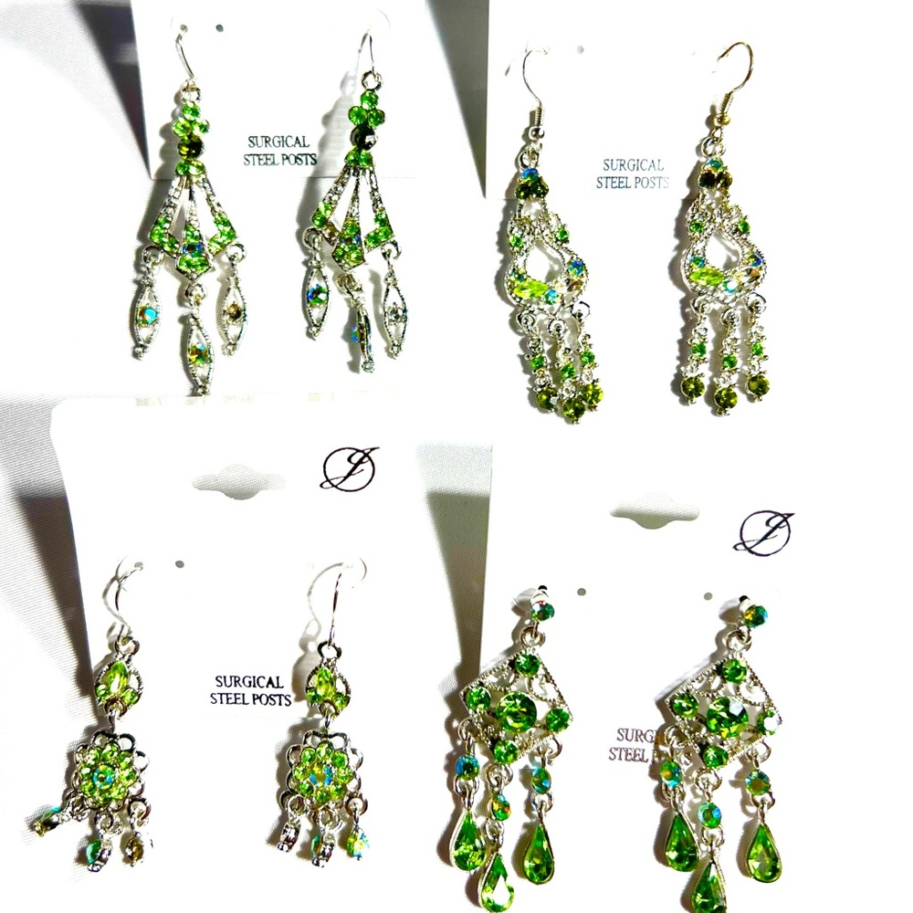 Set of 4 Green and Silver Vintage Chandelier Earrings Set